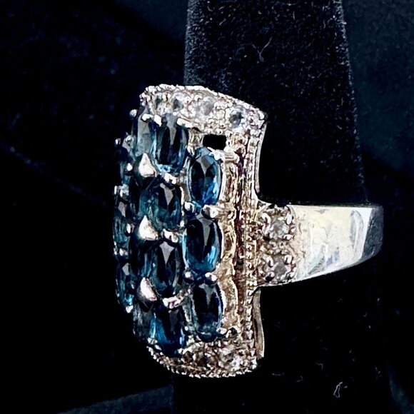 Sterling Silver London Blue Topaz & Czs Cocktail Statement Ring – Size 6 - Picture 4 of 15